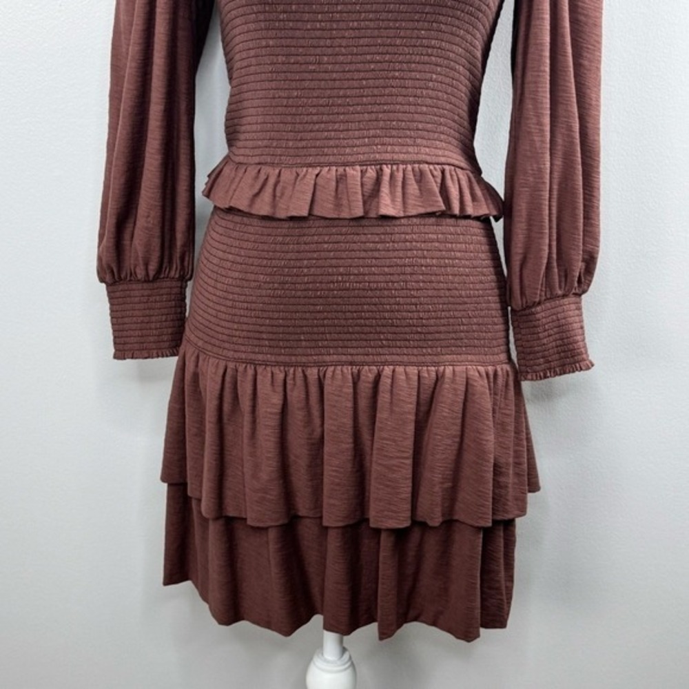 Nation LTD Abby Smocked Mini Dress Small Mauve Ruffle Long Sleeve Boho Romantic - Picture 6 of 13